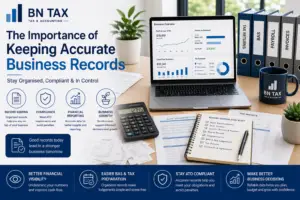Small business owner organising tax and bookkeeping records with BN Tax