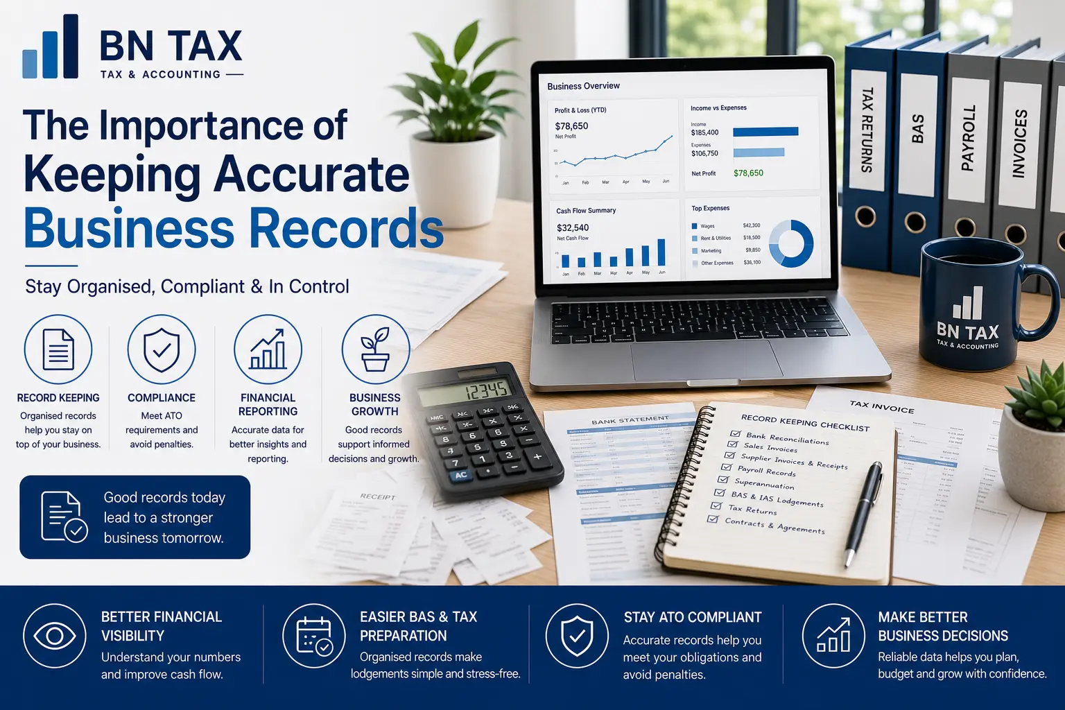 Small business owner organising tax and bookkeeping records with BN Tax
