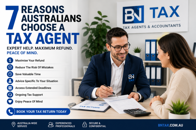 Professional tax agent helping Australian client prepare their tax return.