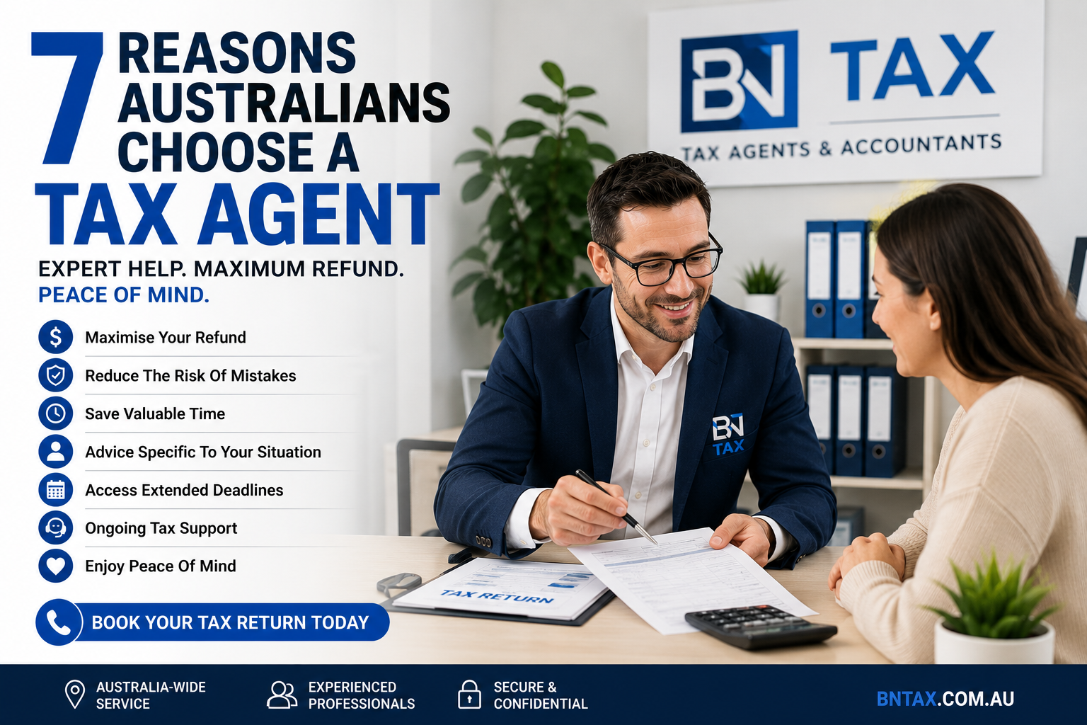 Professional tax agent helping Australian client prepare their tax return.