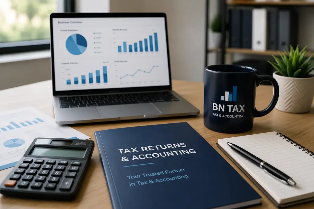 Australian small business owner reviewing cloud bookkeeping and tax reports on a laptop with BN Tax