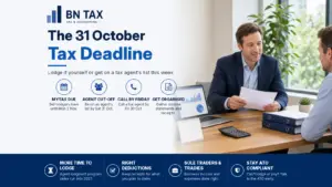 BN Tax banner for the 31 October tax deadline: an accountant reviewing a tax return with a client, with key lodgement dates