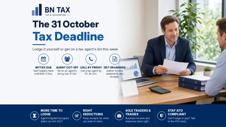 BN Tax banner for the 31 October tax deadline: an accountant reviewing a tax return with a client, with key lodgement dates
